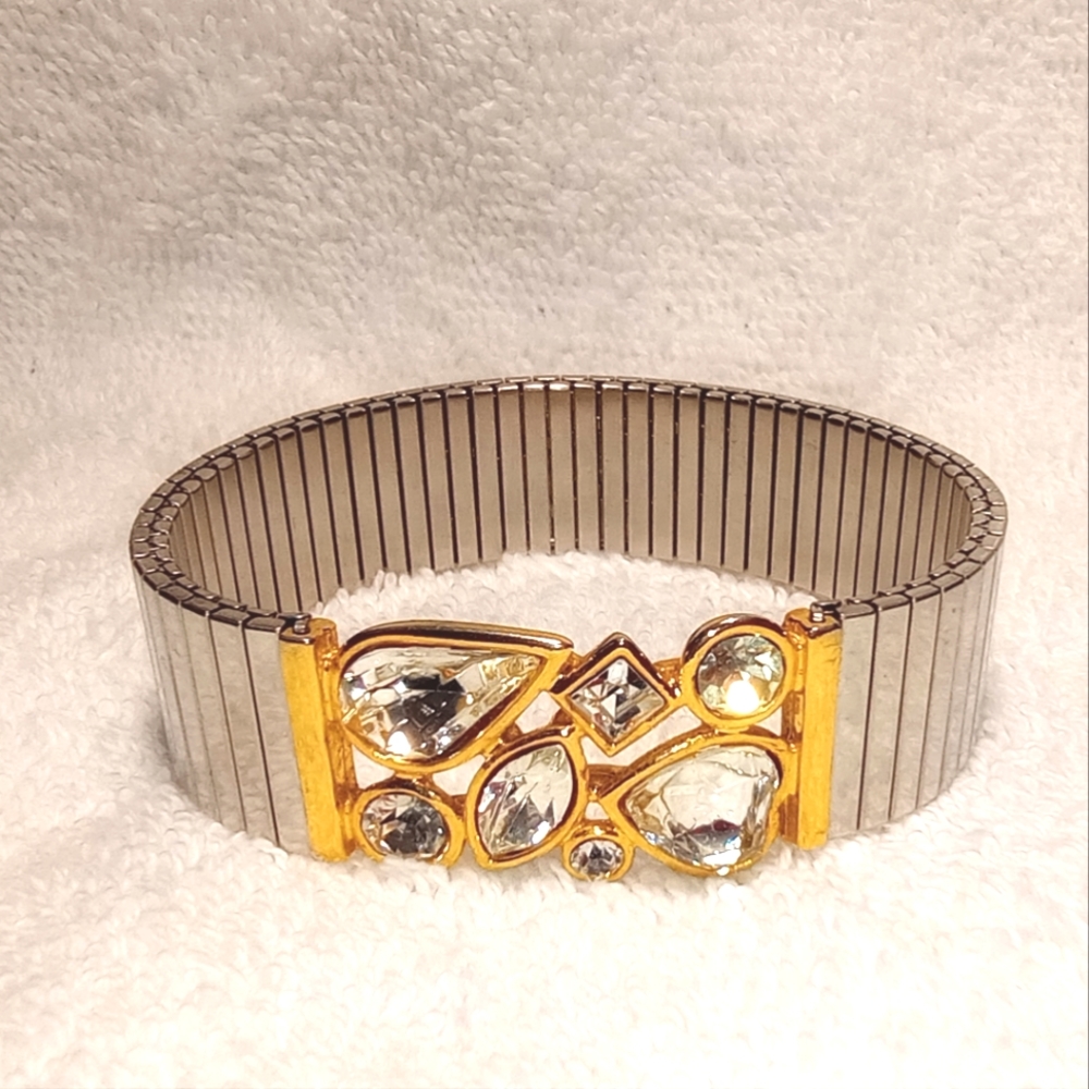 Vintage Stainless Steel Gold & Silver Tone Rhinestone Stretch Flexible Bracelet